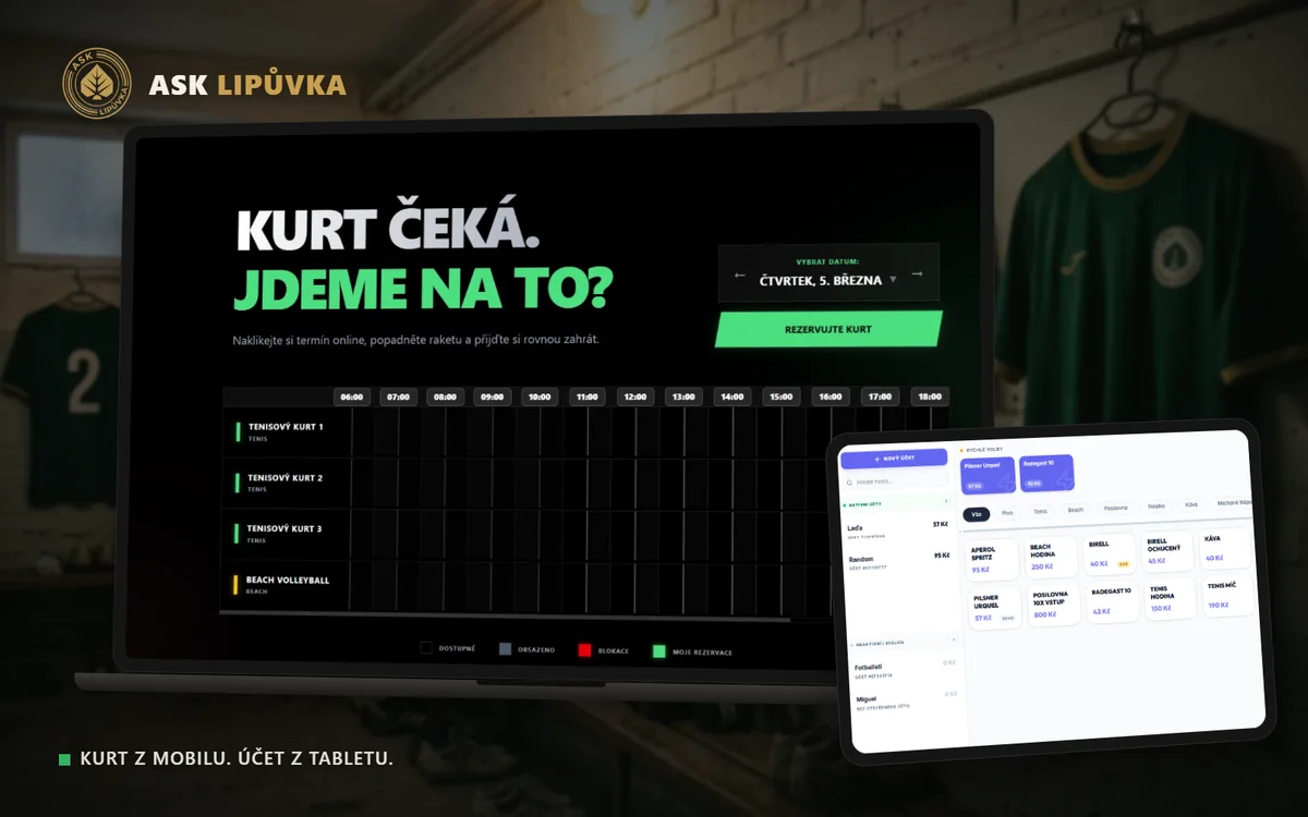 Rezervace na notebooku a pokladna na tabletu v šatně