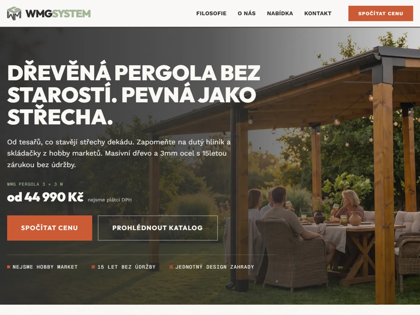 Úvodní obrazovka webu s cenou pergoly